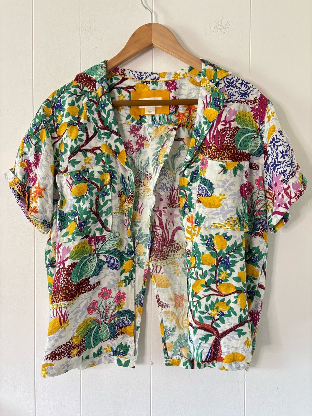 Maeve Anthropologie Linen Classic Surf Shirt Novelty Lemon Vacation Cover Up XS - Picture 6 of 12